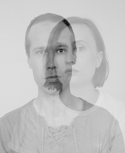Kaura and Jemina in greyscale, with their faces overlapping and fading into each other.